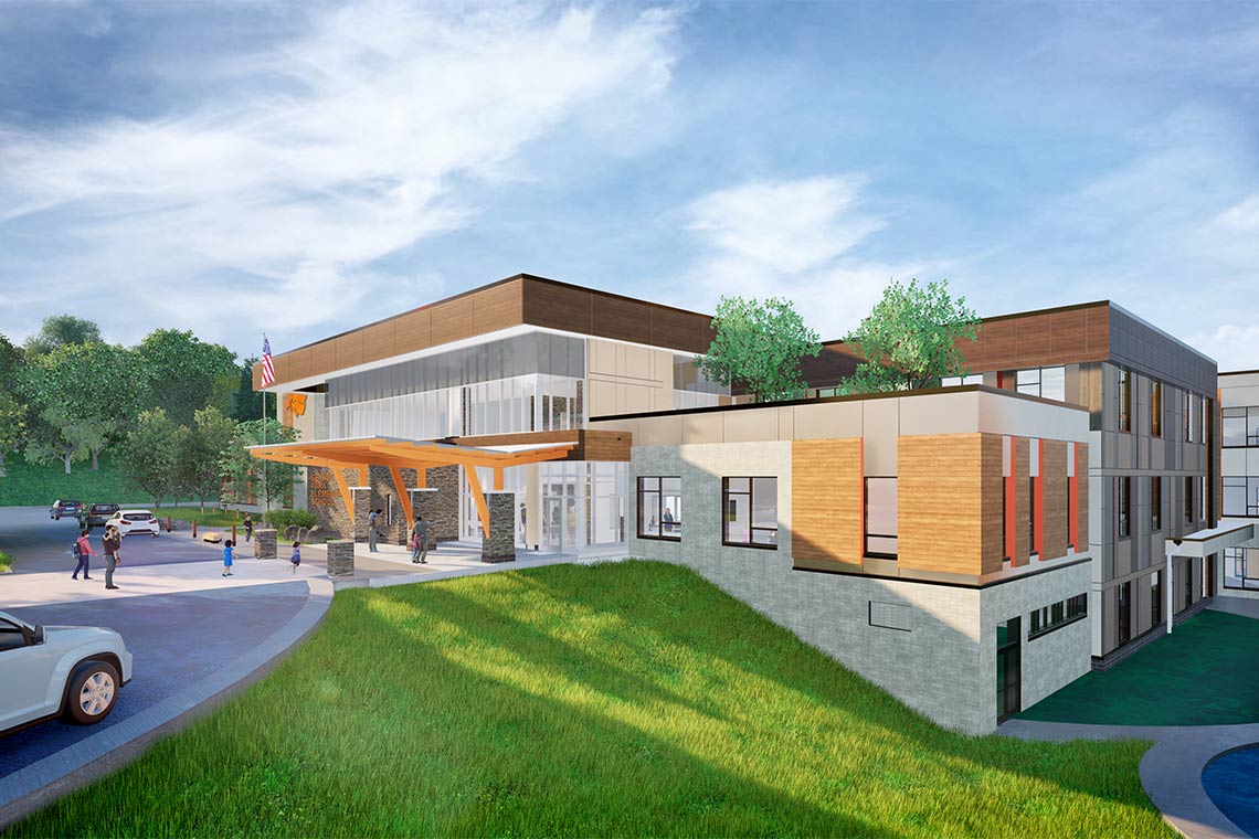 A rendering of the student drop-off entry exterior of the new Bethel Park elementary school