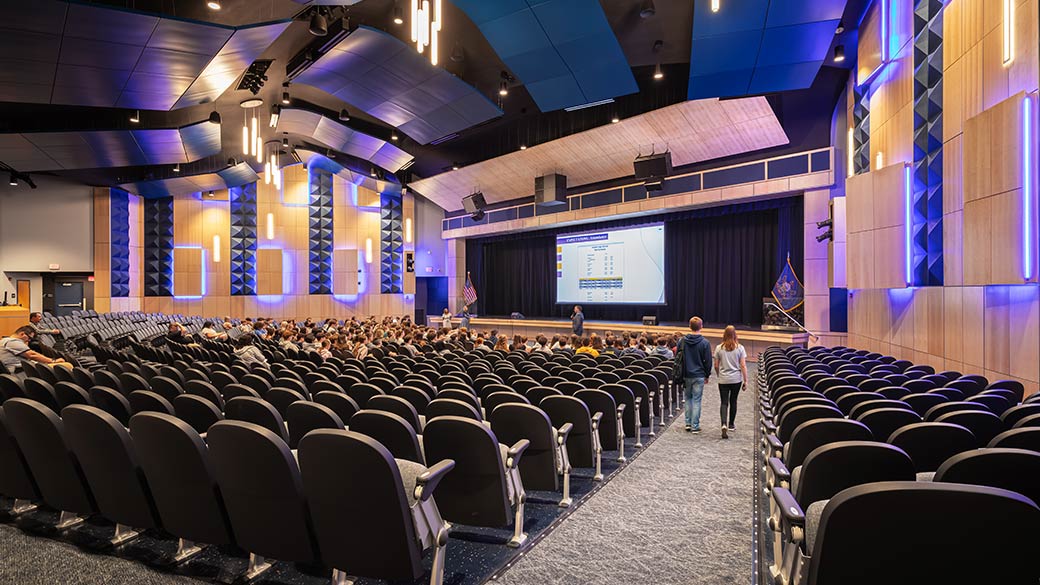 High School auditorium looking at the stage during an assembly