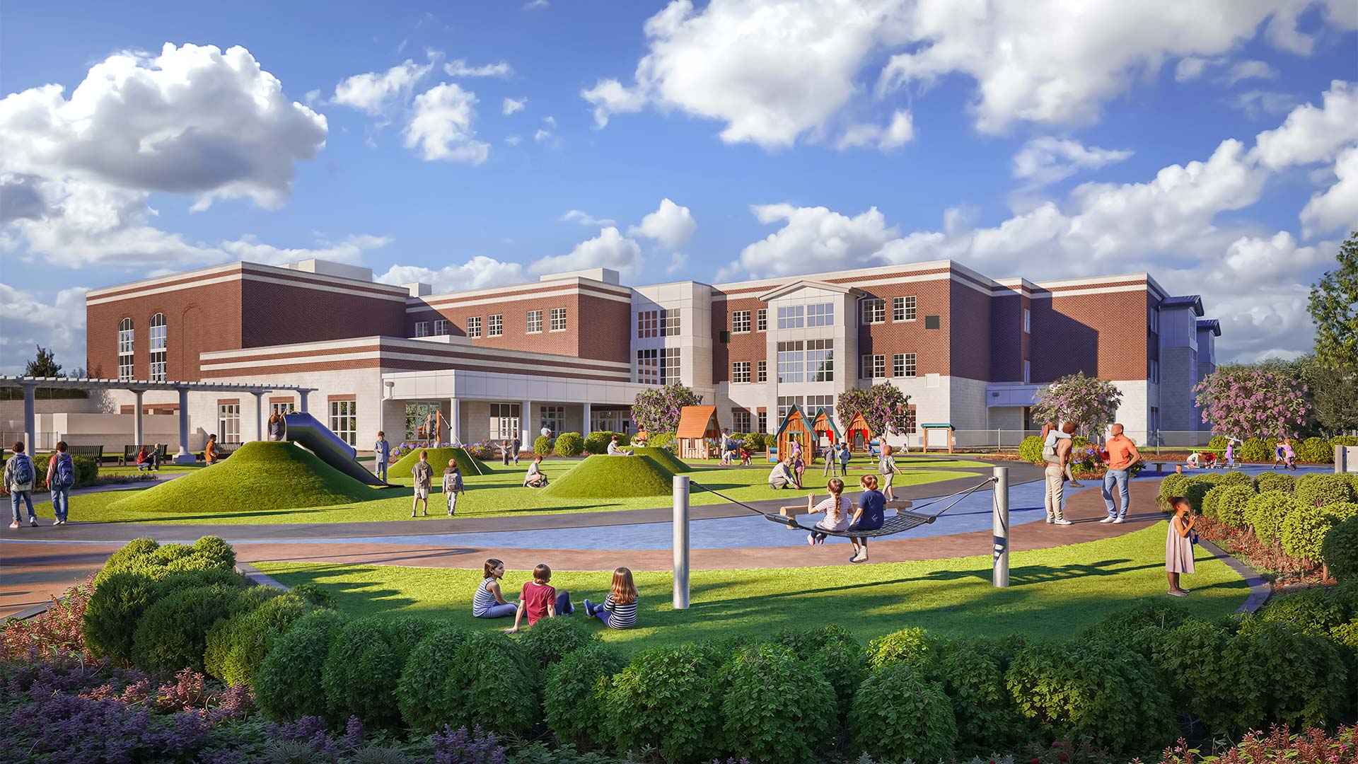 The new elementary school's playground features various textures, colors, and activities